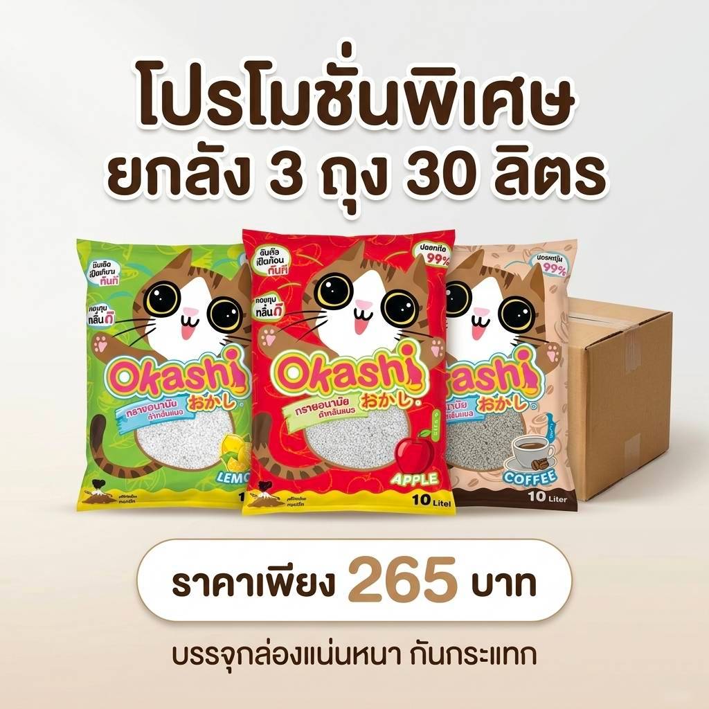 Okashi ทรายแมว ขนาด 10 ลิตร 3 ถุง = 30 ลิตร สูตรประหยัดทราย 15% (สินค้าบรรจุกล่อง)