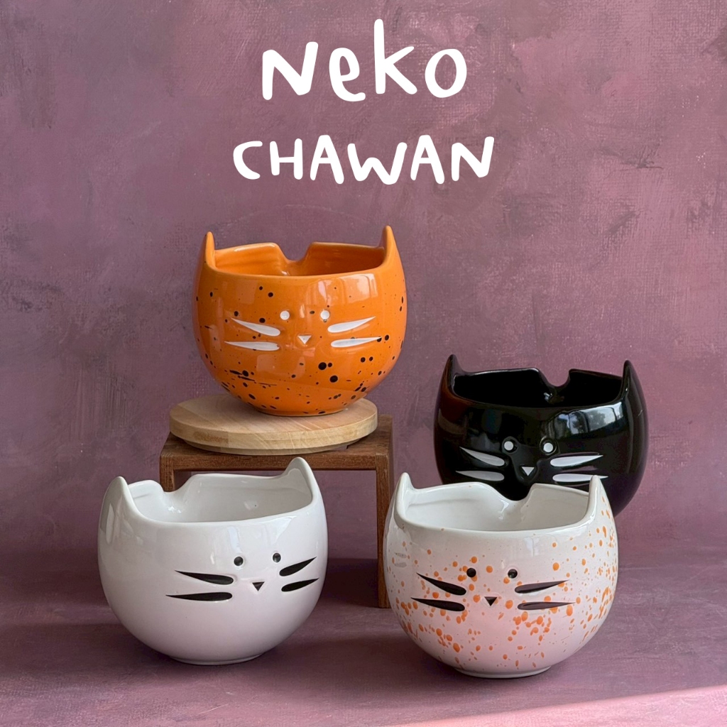 ถ้วยมัทฉะรูปแมว แบบมีปากเท Cat Chawan Ceramic *อ่านหมายเหตุก่อนสั่งซื้อ* ถ้วยชงชา เข้าไมโครเวฟได้ - AT1CERAMIC