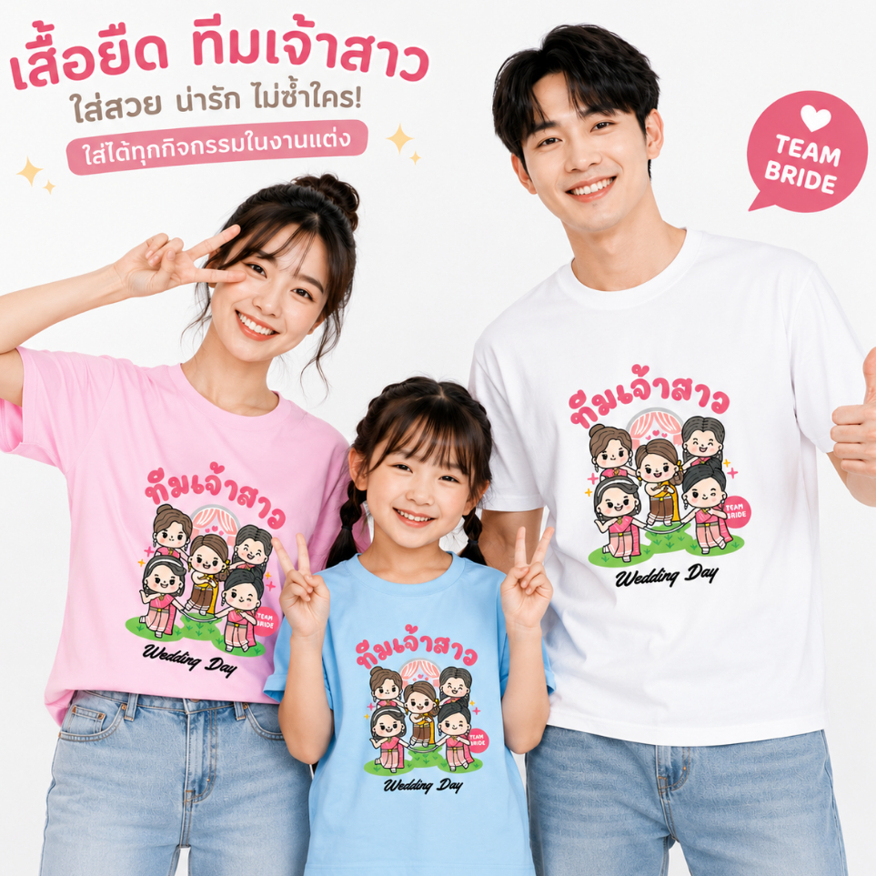 เสื้อทีมเจ้าบ่าว เจ้าสาว งานแต่ง เพื่อนบ่าวสาว ญาติบ่าวสาว ผ้านุ่มใส่สบาย พร้อมส่ง รับสกรีนเสื้อ
