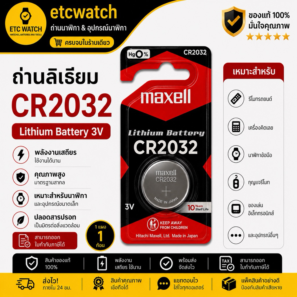 พร้อมส่ง> ถ่านกระดุม Maxell CR2032 / 2032 แพ็ค 1 ก้อน แท้ 100% ของแท้จะต้องสกรีนเลขล็อตผลิตที่ถ่าน