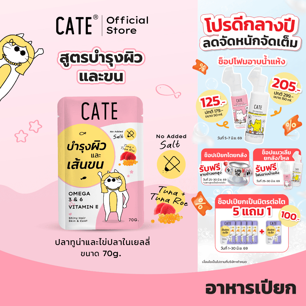 ยกโหล (12 ซอง) CATE เคท อาหารเปียกแมว สูตรบำรุงผิวและเส้นขน 70 g.