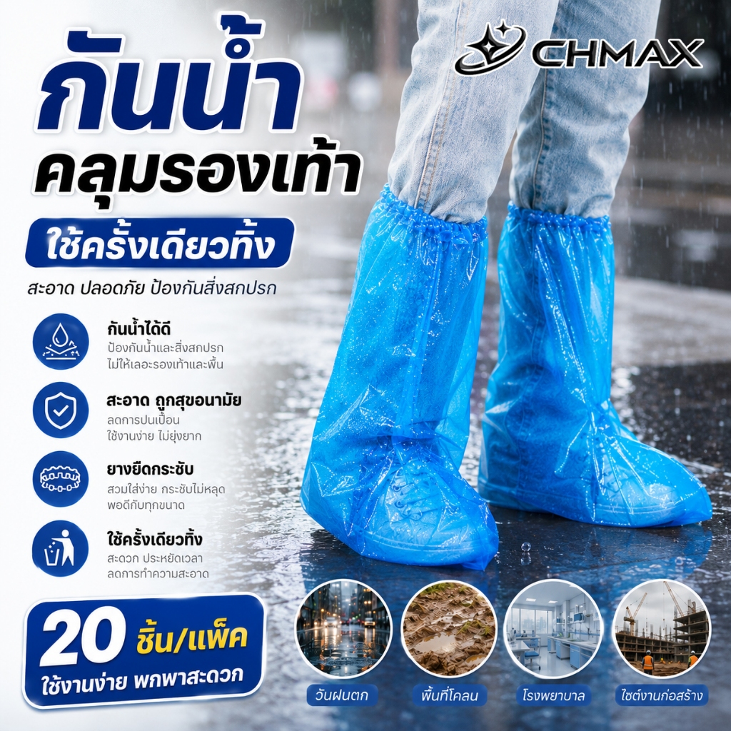 ถุงคลุมรองเท้าพลาสติกกันน้ำ รุ่นหนา ใช้แล้วทิ้ง กันฝน กันฝุ่น เหมาะสำหรับการเดินทางและกิจกรรมกลางแจ้ง ลุยน้ำท่วม