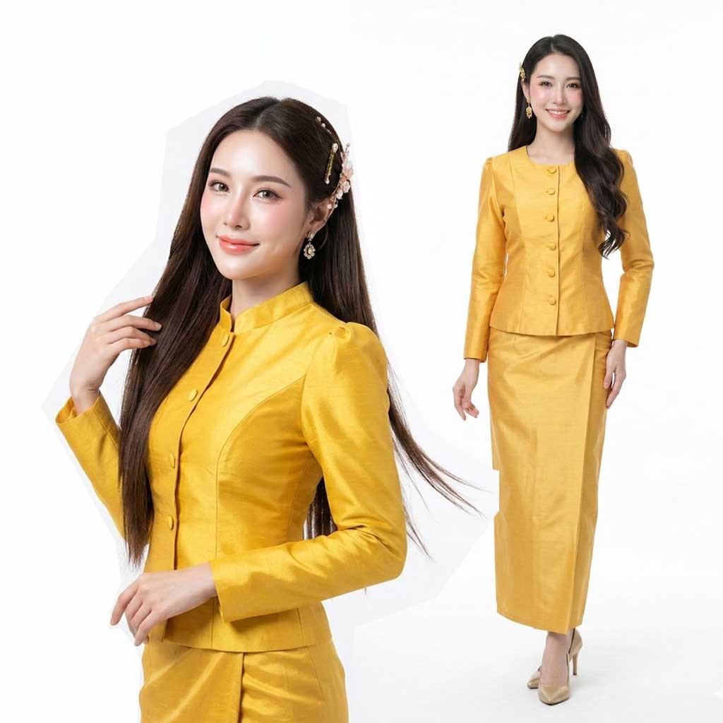 เสื้อไทยจิตรลดา เสื้อไทยเรือนต้น ผ้าถุงสำเร็จรูป รหัส M16 ทท3 ศ17 สีเหลืองทอง ผ้าไหมสี่เส้นอัดกาวเต็มผืน