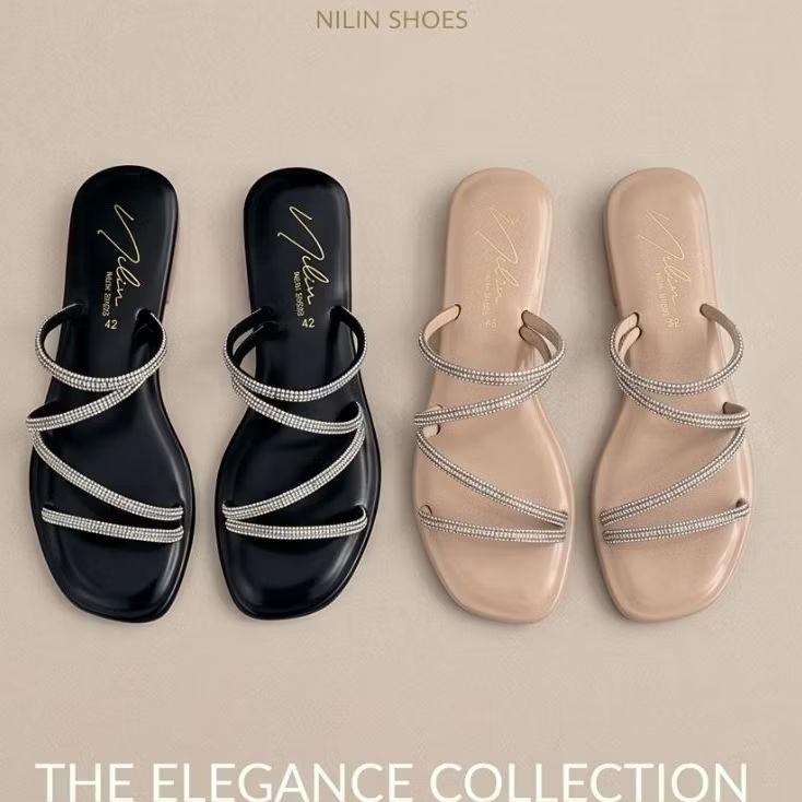 รองเท้าแตะ Bigsize 41-45 สีครีมและดำ ดีไซน์หรูหรา สำหรับผู้หญิง - รองเท้าแตะผู้หญิง
