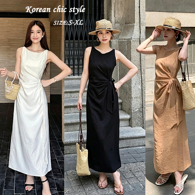 99453 พร้อมส่งไทย  พร้อมส่งไทย ชุดเดรสยาวสตรีสไตล์ฝรั่งเศส ทรงตรง ไร้แขน คอกลม ฤดูร้อนใหม่ มี 3 สี