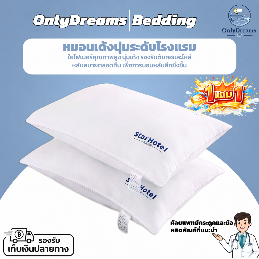 หมอนโรงแรม(1 แถม 1) หมอนหนุนนอน หมอนใยสังเคราะห์ สูงต่ำพอดี สำหรับผู้ใหญ่และหอพัก 1 คู่