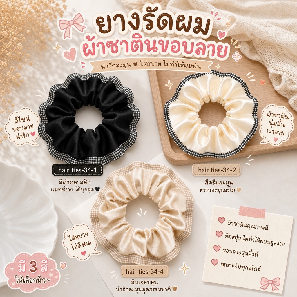 Korean Sweet Satin Scrunchie ยางรัดผมผ้าซาตินขอบลายสุดละมุนสไตล์เกาหลีสำหรับสาวหวาน 🎀✨