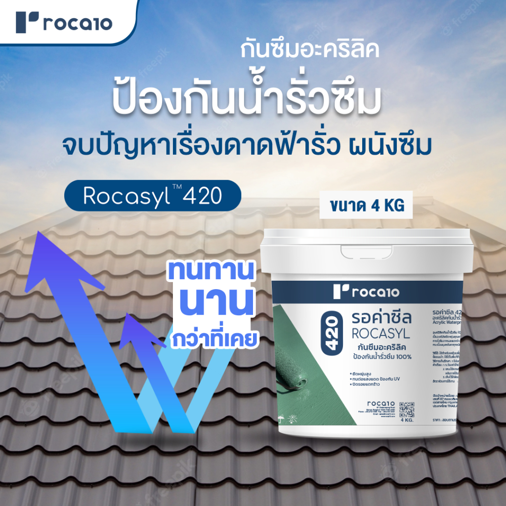 กันซึมอะคริลิคสูตรน้ำ Rocasyl™  420 ป้องกันน้ำรั่วซึม 100% ทากันซึมดาดฟ้า หลังคา กันรั่ว