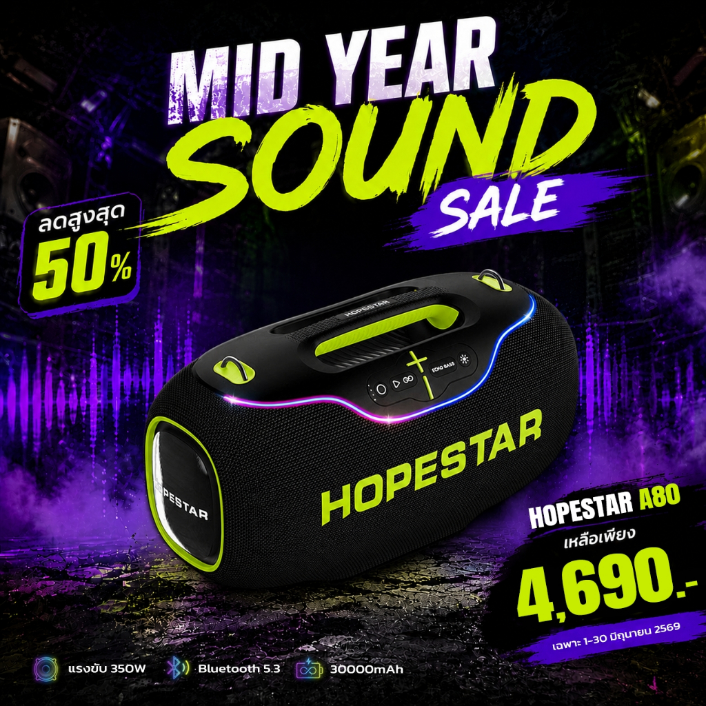 Hopestar A80 ลำโพงบลูทูธ 350 วัตต์ ไมค์1อัน ไฟ RGB เบส 3 โหมด ลำโพง 6 ดอก