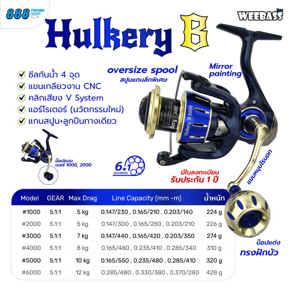 รอก WEEBASS รุ่น HULKERY-B รอบ 5.1:1 / 6+1BB ซีลกันน้ำ4จุด ใช้ได้ทั้งน้ำจืดและน้ำเค็ม มีเบอร์ 1000-6000  มีประกัน 1 ปี