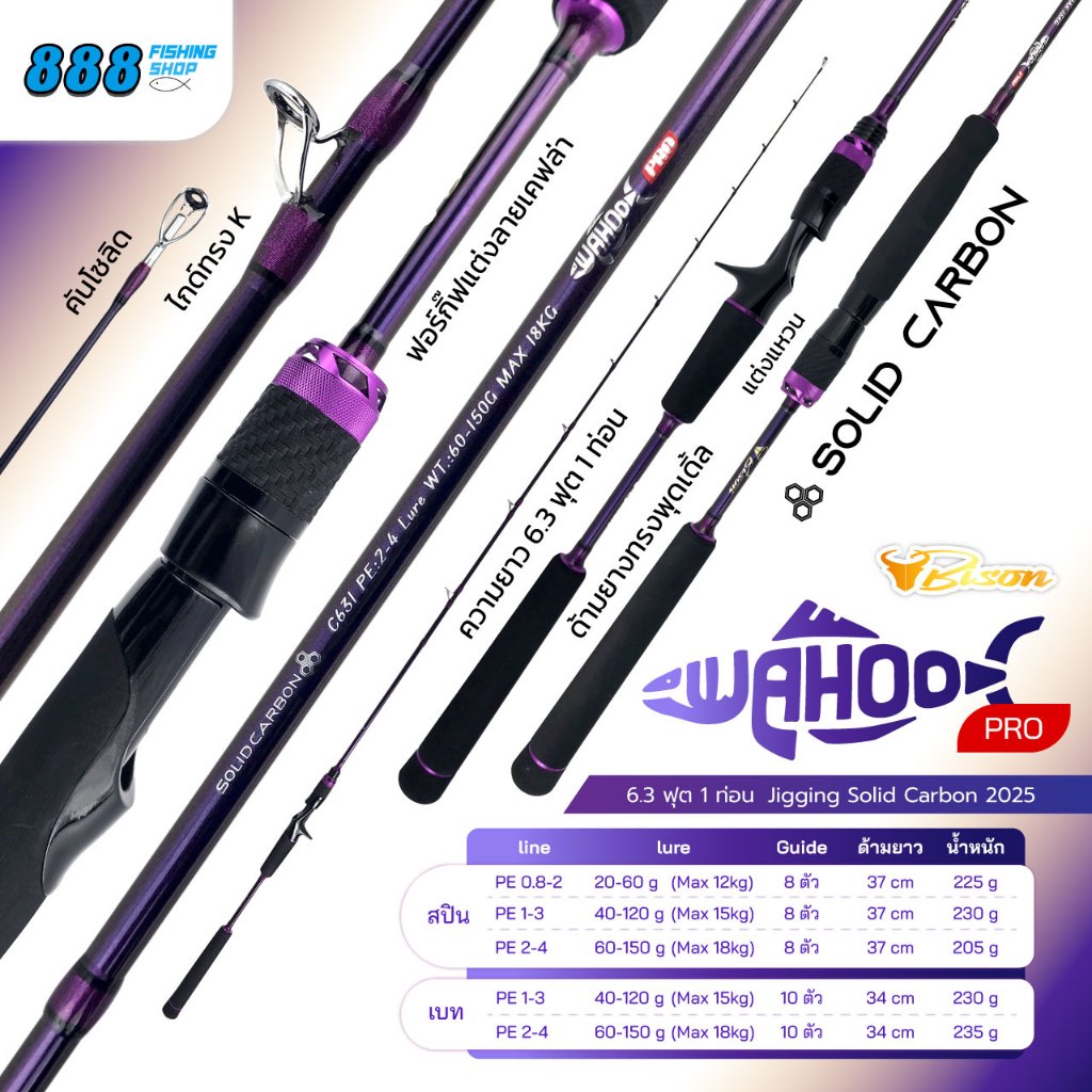 คันจิ๊กกิ้ง Bison Wahoo PRO คันSolid Carbon 6.3ฟุต คัน 1 ท่อน ไกด์ทรงK มีสปิน/เบท