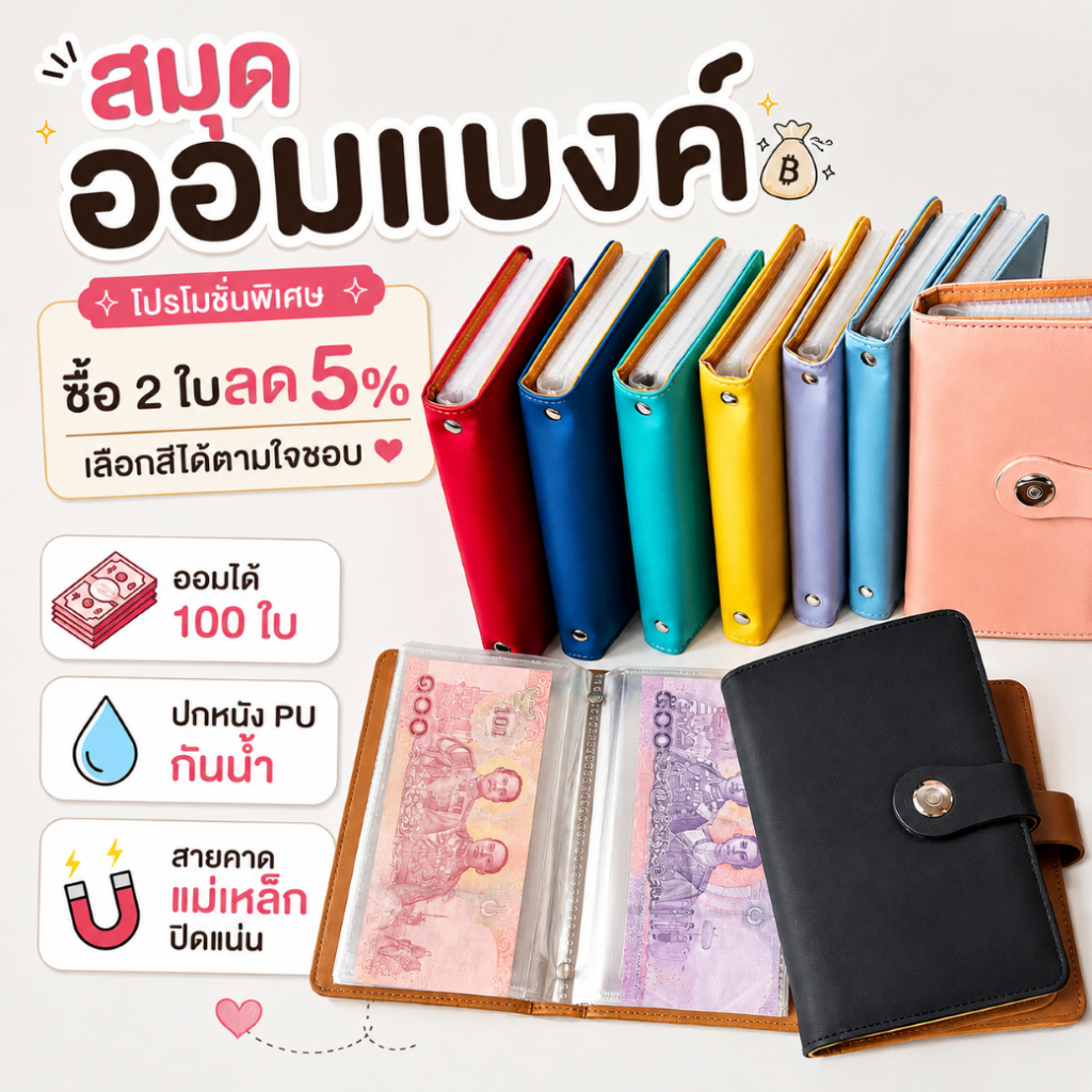 สมุดออมแบงค์ สมุดออมเงิน สมุดเก็บแบงค์ ปกหนัง PU จุได้ 100 ใบ ซองใสหนา กันน้ำ แฟ้มเก็บเงิน
