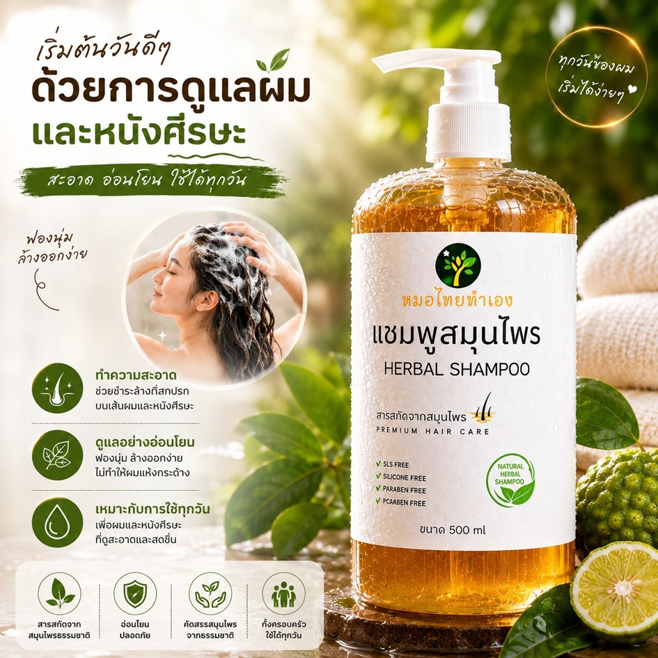 แชมพูสมุนไพร แชมพูสระผม สูตรอ่อนโยน ดูแลเส้นผมและหนังศีรษะ ลดผมร่วง ควบคุมความมัน  500 ml. หมอไทยทำเอง