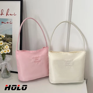 HOLO กระเป๋าถือทรงบัคเก็ตสีแมคารอนแบบเรียบง่าย กระเป๋าสะพายข้างแฟชั่น