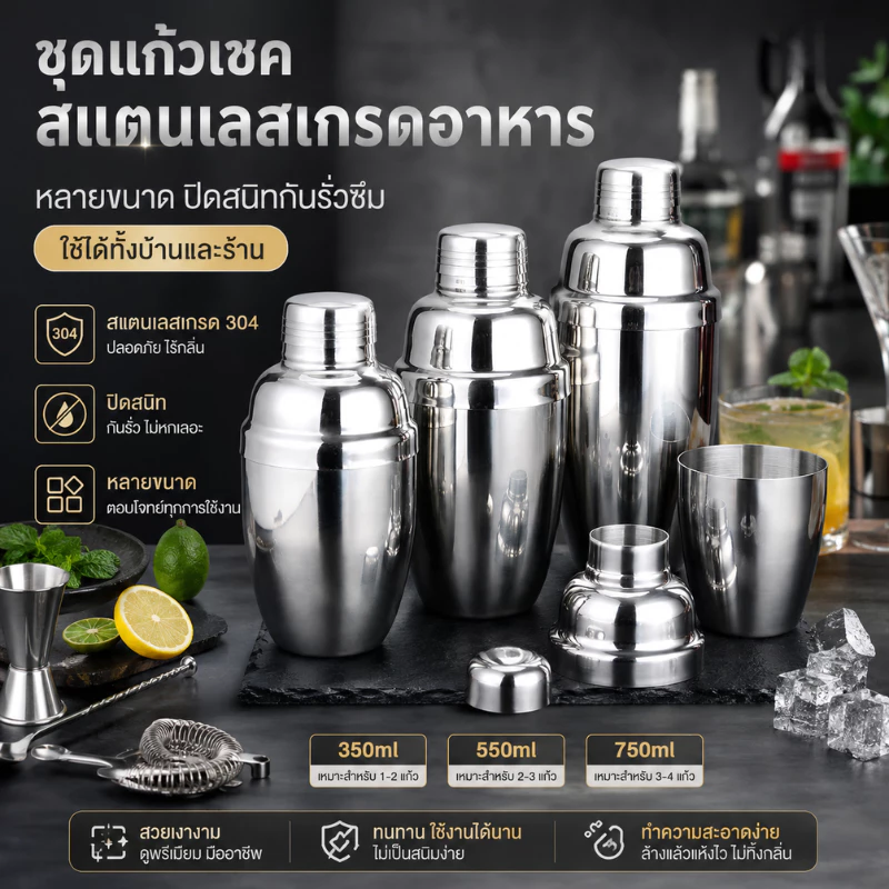 ส่งไวจากไทย แก้วเชคค็อกเทล เชคเกอร์ สแตนเลส304 ขนาดหลายตัวเลือก ใช้ทำชานม ค็อกเทล Cocktail Shaker