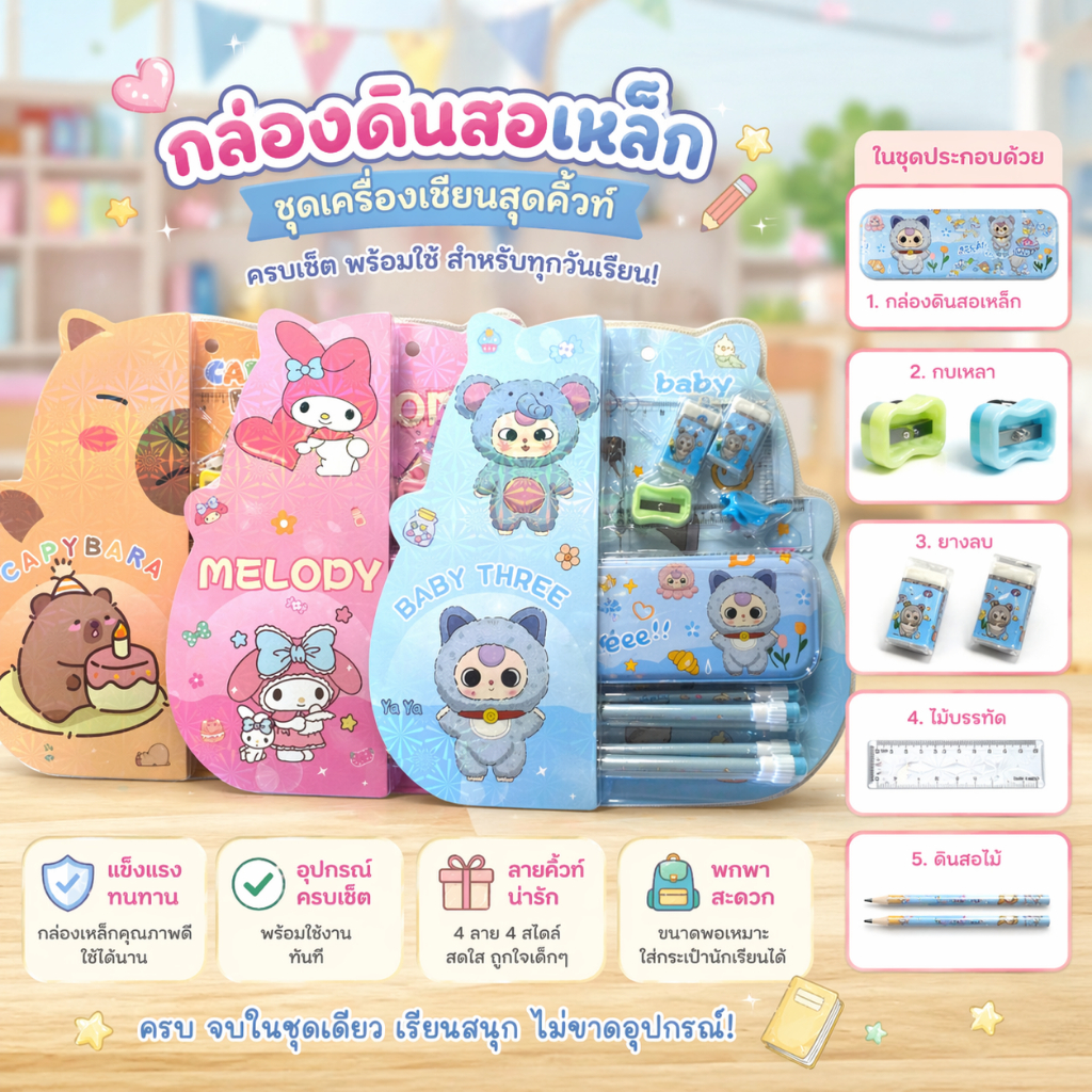 เซ็ตชุดเครื่องเขียน พร้อมกล่องดินสอ กบเหลา ยางลบ ไม้บรรทัด เหมาะเป็นของขวัญ ตอนรับวันเปิดเทอมใหม่