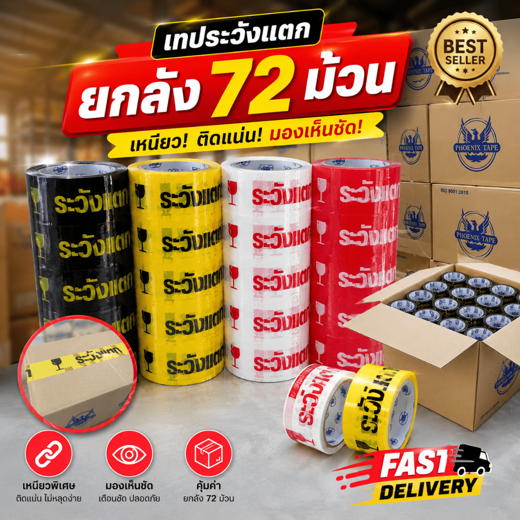 เทปกาวระวังแตก ยกลัง72ม้วน เทปขอบคุณ เทปแต้งกิ้ว