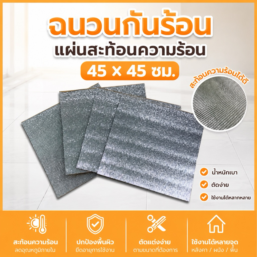 แผ่นกันร้อน ฉนวนกันร้อน มีกาวในตัว กาวเหนียวติดแน่น ติดเองได้ง่าย แปะได้ทุกอย่าง ขนาด 45×45cm