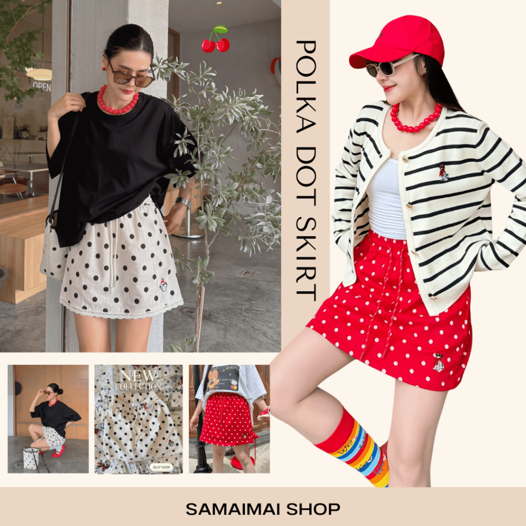 กระโปรงสั้น ลายจุดเอวยืด งานปักน้องหมา Collection แบรนด์แท้ร้านสมัยใหม่ #88001