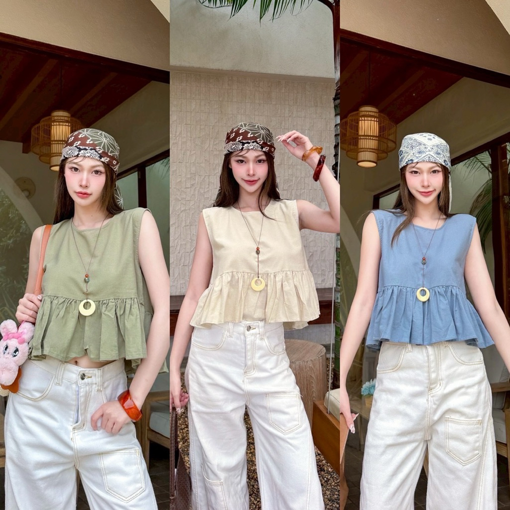 เสื้อแขนกุดคอกลมด้านหลังผูกโบว์ผ้าลืนินผสมทรงสวย✅