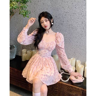 พร้อมส่ง เดรสสั้นลายดอกไม้สไตล์วินเทจสำหรับผู้หญิง เดรสคาเฟ่ทะเล มีซับทั้งตัวไม่บาง