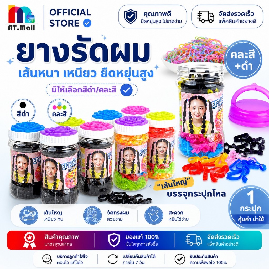 AT.MALL หนังยางรัดผมกระปุก (เส้นใหญ่) | ยางรัดผมสำหรับผมหนา | ฝาดอกไม้ เก็บง่าย ไม่หาย (รหัส 8283)