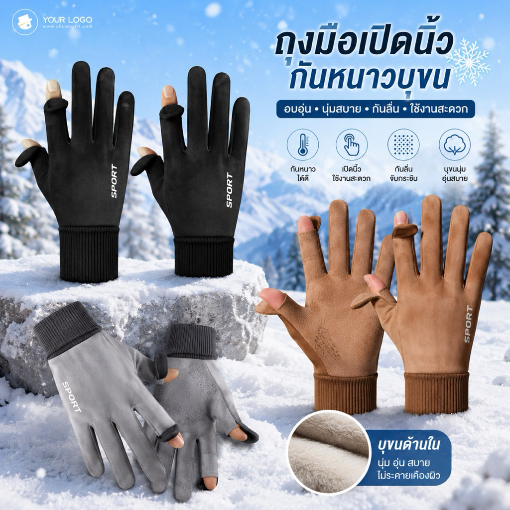 พร้อมส่ง 🇹🇭 ถุงมือกันหนาวบุขนทั้งผู้ชาย ผู้หญิง ใส่ได้ถึงติดลบ มีช่องเปิดนิ้ว