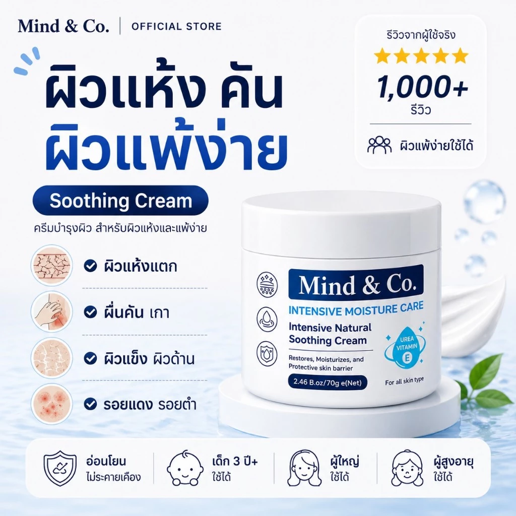 พร้อมส่ง ส่งไว Mind & Co. Soothing Cream มายแอนด์โคซูตติ้งครีม ครีมแก้ปัญหาผิวเสียผิวแห้ง ผื่นคัน เกา