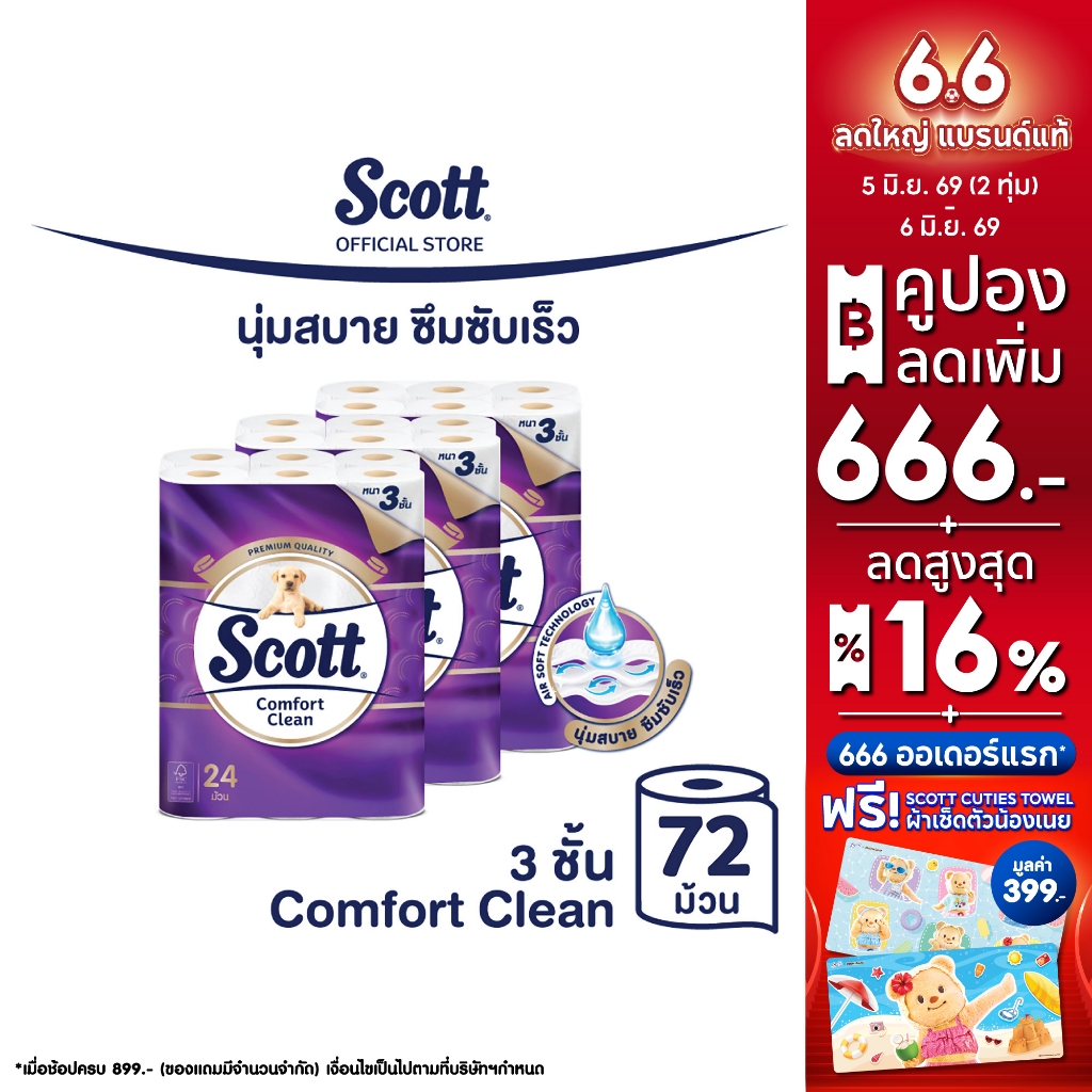 กระดาษชำระ สก๊อตต์ คอมฟอร์ท คลีน หนา 3ชั้น รุ่น 24 ม้วน x 3 แพ็ค [รวม 72 ม้วน] SCOTT COMFORT CLEAN 3ply X 24R X 3packs