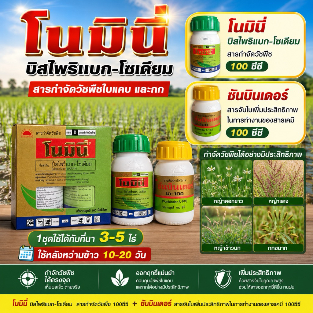โนมินี่ บิสไพริเเบก-โซเดียม เก็บหญ้าใบแคบ และกกในนาข้าว หลังหวาน 10 ถึง 20 วัน มาพร้อมกับสารจับใบเข้มข้น1ชุดใช้ได้3-5ไร่