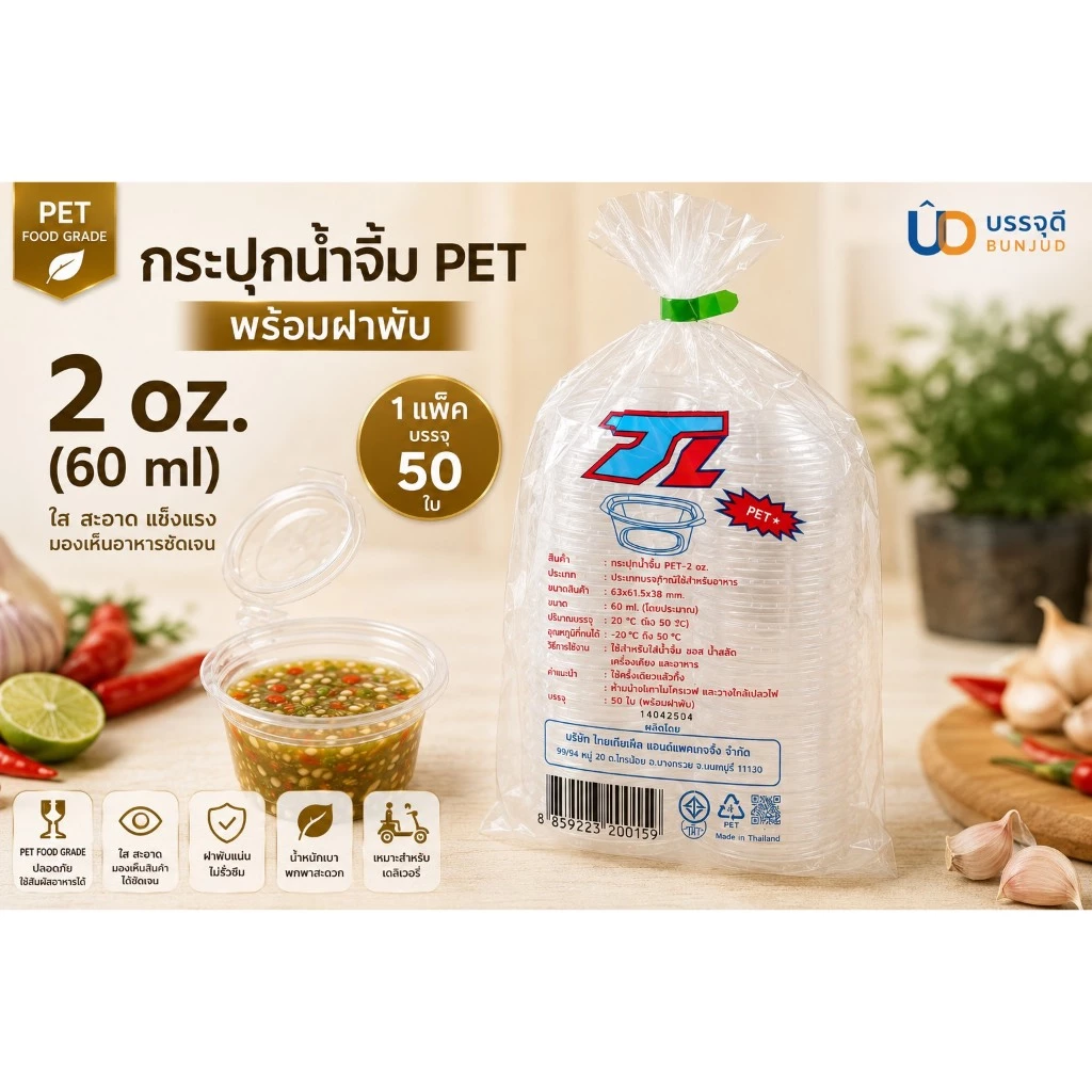 กระปุกน้ำจิ้ม PET 2 oz พร้อมฝาพับ 60ml Food Grade แพ็ค 50 ใบ ถ้วยซอส ถ้วยน้ำจิ้ม ฝาติดในตัว(แถว)