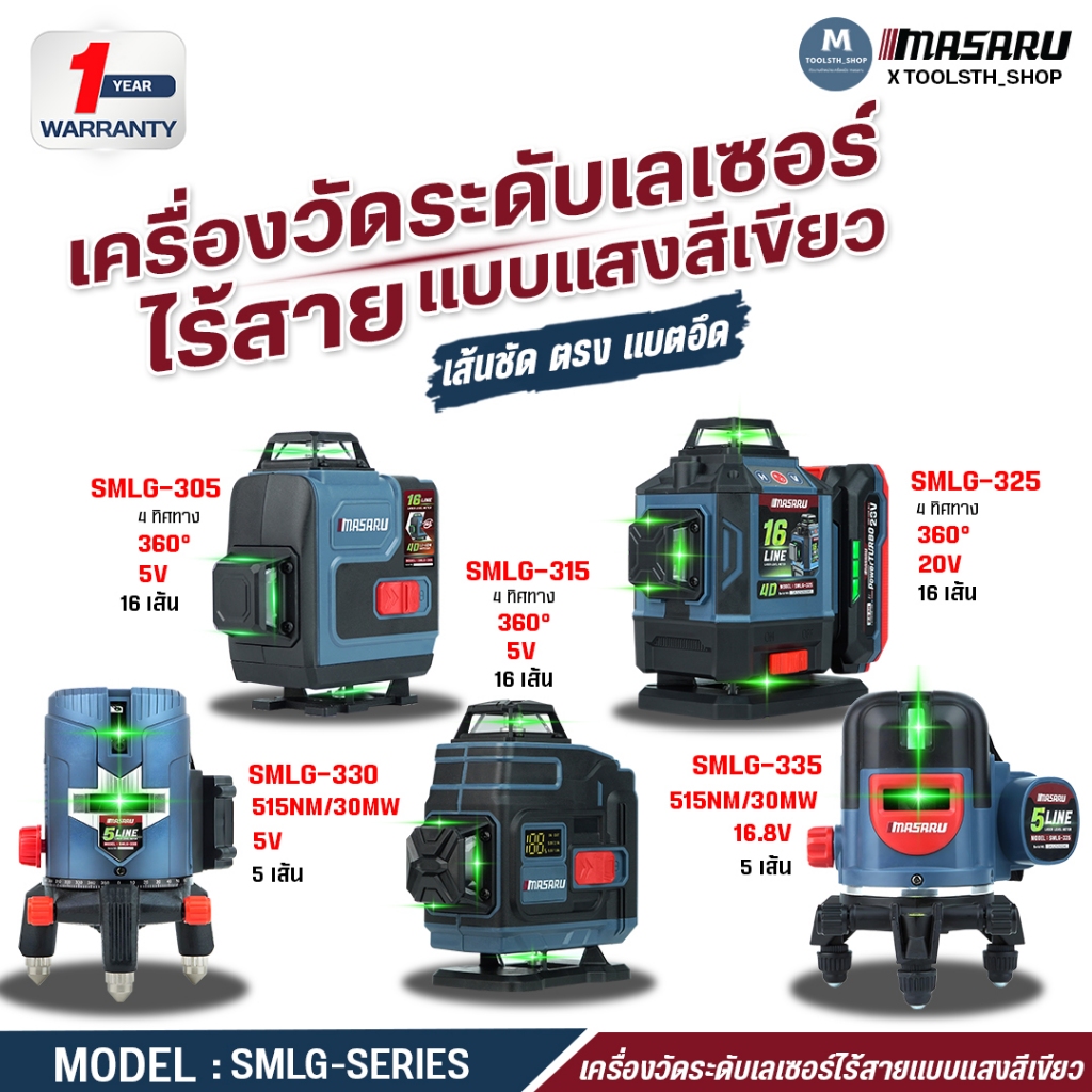 Masaru เครื่องวัดระดับเส้นสีเขียว 12 / 16 เส้น เลเซอร์วัดระดับ เลเซอร์ 3/4 ทิศทาง LASER LEVEL METER