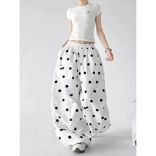 [Summer quick-drying fabric, wave dot printing]สตรีทสปอร์ตลมสบาย ๆ บางเต็มพิมพ์ผู้หญิงเต้นรำกางเกงขากว้าง