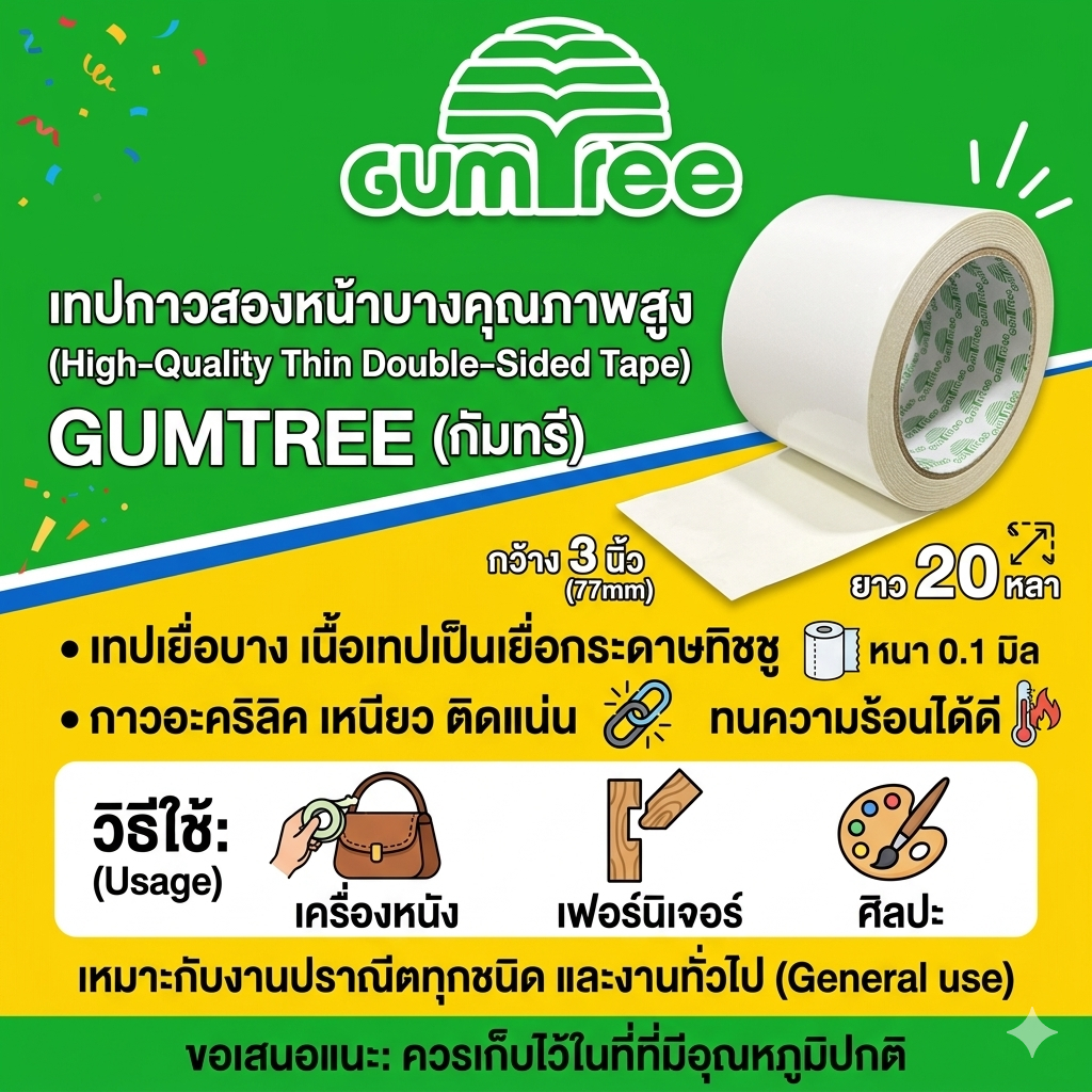 เทปกาวสองหน้าบาง กว้าง 12 นิ้ว 310mm 20 หลา GUMTREE