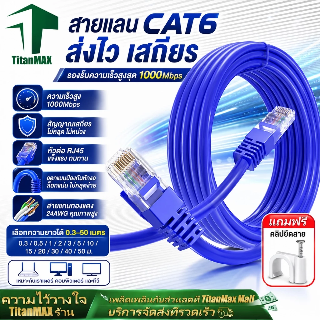 CAT6 สายแลน RJ45 1Gbps 0.3M-50M สีน้ำเงิน 1000Mbps วิ่งเต็มสเปก เคเบิลเครือข่าย อินเตอร์เน็ต สำหรับ PC แล็ปท็อป เราเตอร