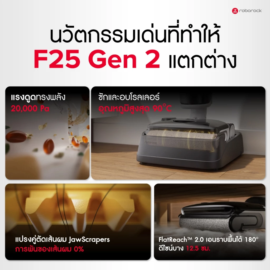 [New 2026]Roborock F25 Gen 2 เครื่องดูดฝุ่นถูพื้นอัจฉริยะ ตรวจจับสิ่งสกปรก เอนราบ180องศา พลังดูด 20,000Pa รับประกัน 2 ปี thumbnail 3