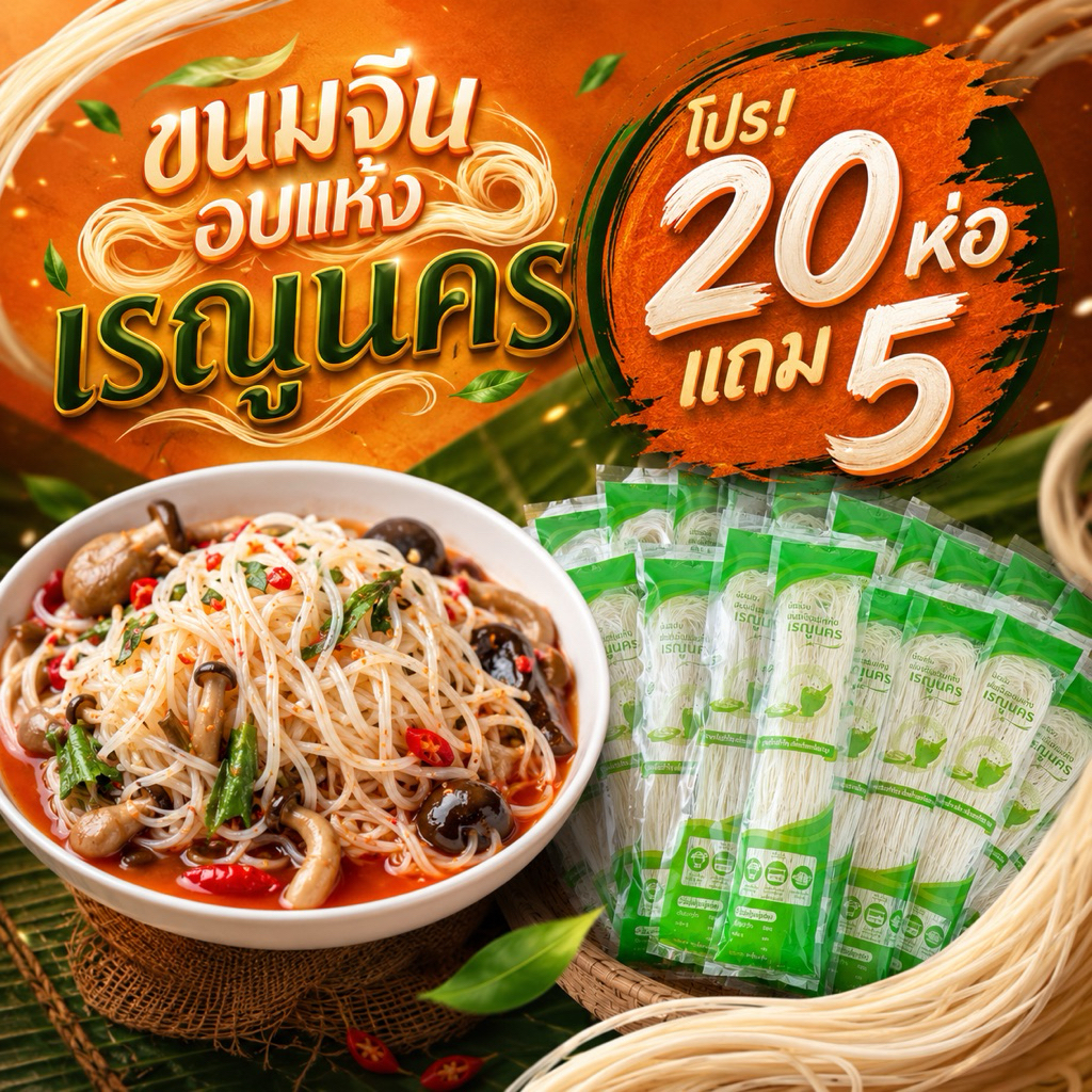ขนมจีนอบแห้งเรณูนครโปร 20 ห่อแถม 5 เส้นเล็กเหนียวนุ่ม 50g.