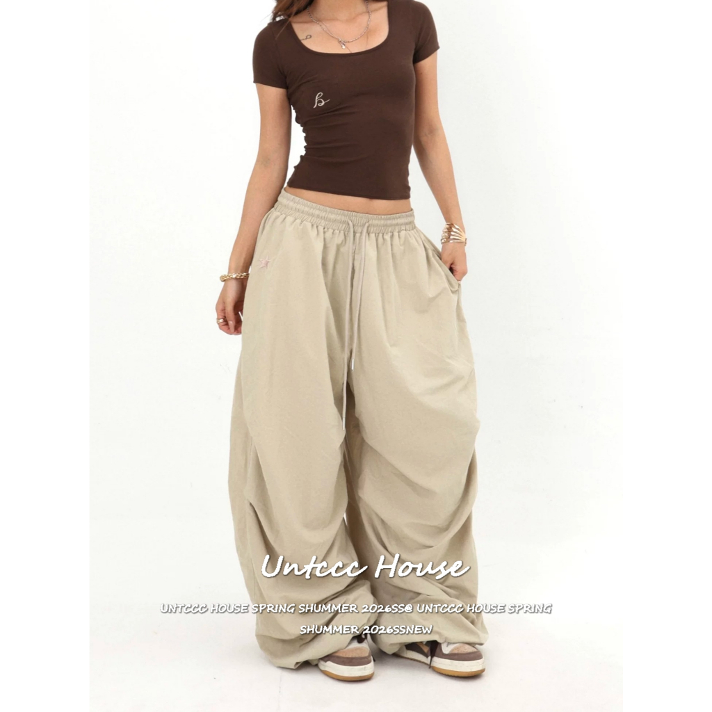 [Elastic Waist Drawstring Wide Leg Pants] กางเกงขายาวขากว้างเอวยืดมีเชือกดึงสำหรับผู้หญิงใส่สบายไม่รัดและดูเท่