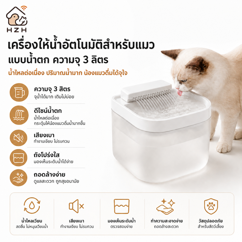 น้ําพุดื่มสัตว์เลี้ยงอัจฉริยะ 3ล ระบบไหลเวียนอัตโนมัติ ขับเคลื่อน ยูเอสบี การดําเนินงานเสียงรบกวนต่ําเหมาะสําหรับแมวและส