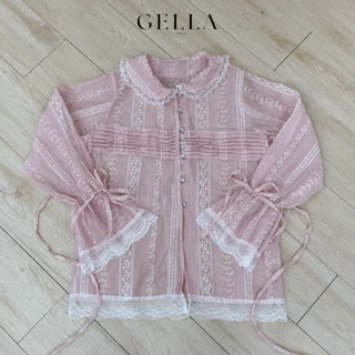 GELLA (LUNA TOP)-เสื้อคอบัวแขนยาวแต่งลูกไม้ปักฉลุเชือกผูกหลัง