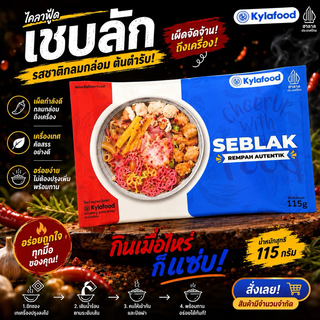 Kylafood Seblak 115 กรัม เซบลักกึ่งสำเร็จรูป ต้นตำรับอินโด เผ็ดจัดจ้าน แซ่บถึงใจ เส้นหนึบ เครื่องแน่น อร่อยเข้มข้น