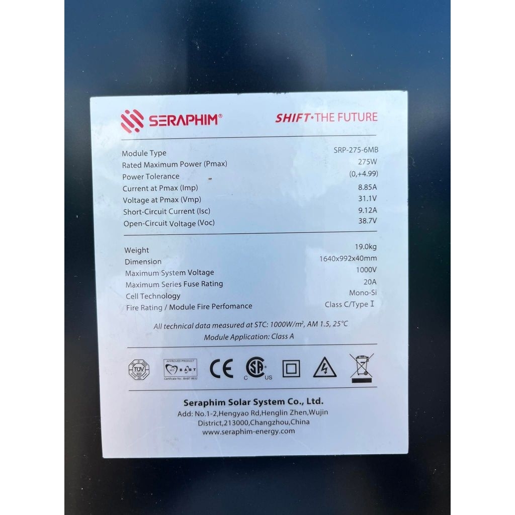 เซร่าฟิม แผงโซล่าเซลล์ ชนิดโมโน ขนาด275วัตต์