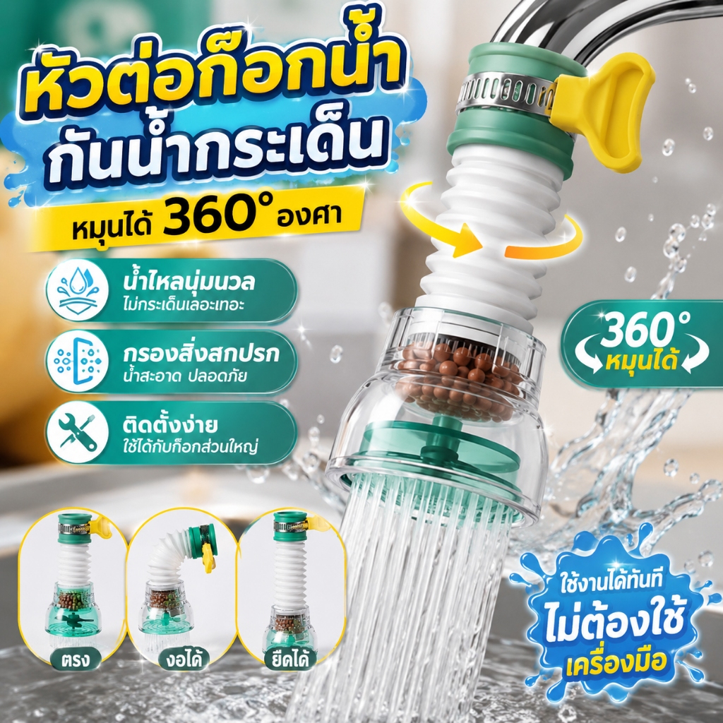 ก๊อกน้ําทั่วไป หัวต่อก๊อกน้ำ หัวต่อกันน้ำกระเด็น 360° ช่วยกรองสิ่งสกปรก สําหรับห้องครัว ในครัวเรือน