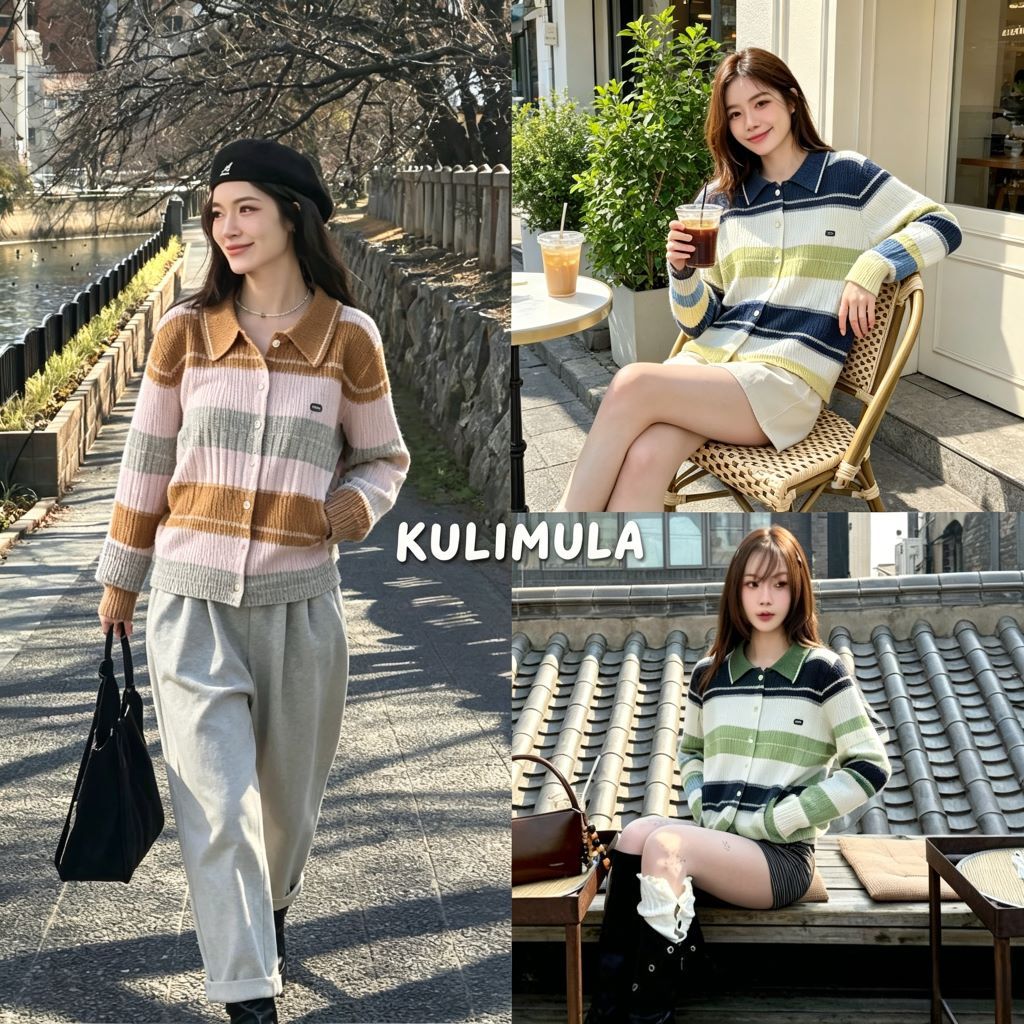 KULIMULA Gummy Cardigan เสื้อคาร์ดิแกนถักลายทางคอปก มี 3 สีให้เลือก ผ้านุ่มใส่สบายลุคสไตล์เกาหลี CP8
