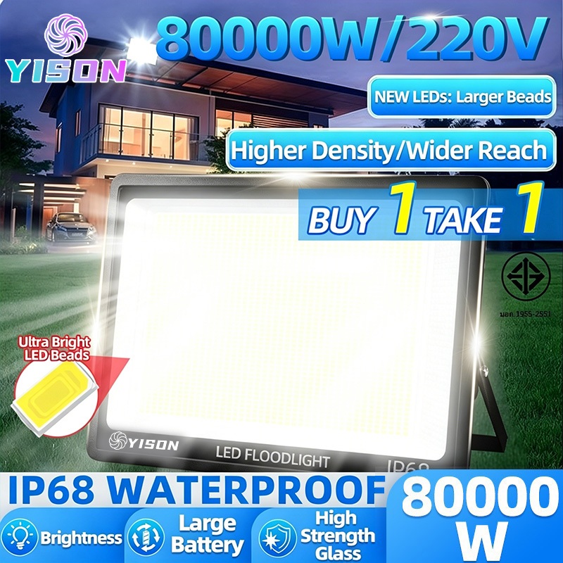 YISON รับประกัน 30 ปี สปอตไลท์ led 80000W IP68  กันน้ำกลางแจ้ง ป้องกันฟ้าผ่า spotlight รุ่นบางเฉียบ