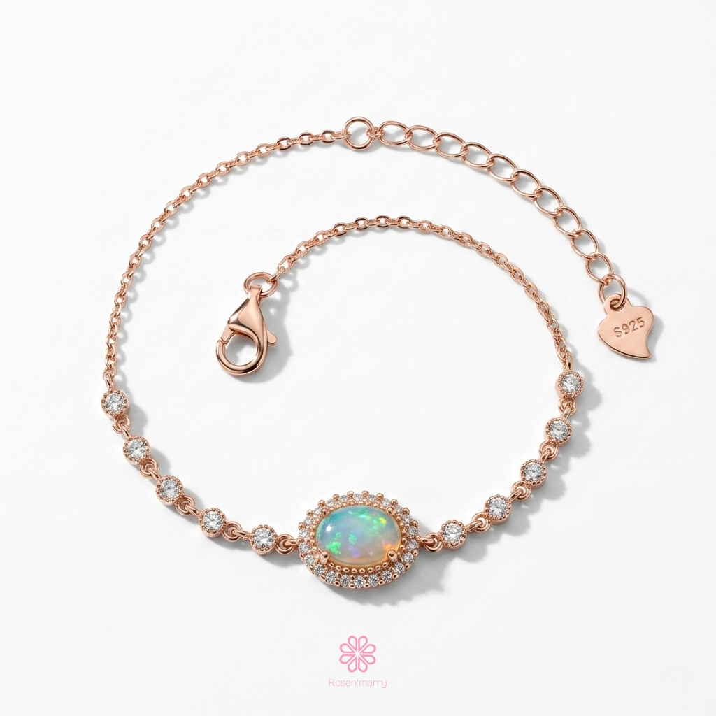 Rosen'marry/ สร้อยข้อมือโอปอลแท้ ตัวเรือนเงินแท้925ชุบพิงค์โกวล พลอยแท้เสริมดวง , ของขวัญ RB015