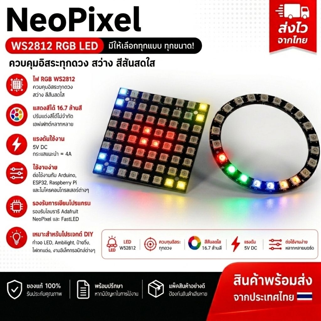 NeoPixel WS2812 RGB LED Ring Matrix โมดูลไฟ RGB 5V ควบคุมแยกทุกดวง รองรับ Arduino ESP32 Raspberry Pi