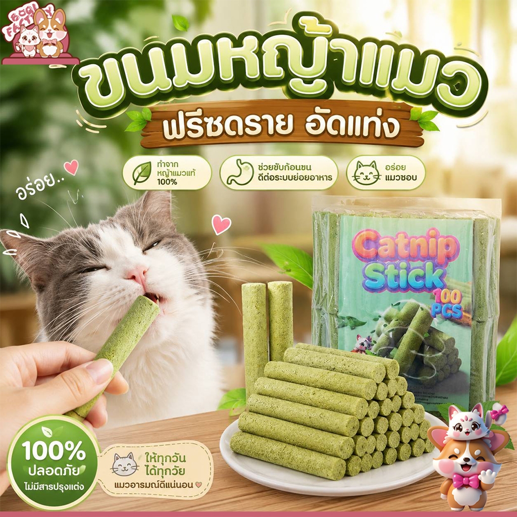 Boqi Factory  ขนมหญ้าแมว ผลิตจากต้นอ่อนข้าวสาลี ช่วยขัดฟัน 1 ถุง บรรจุ 100 ชิ้น Catnip Sticks 100pcs