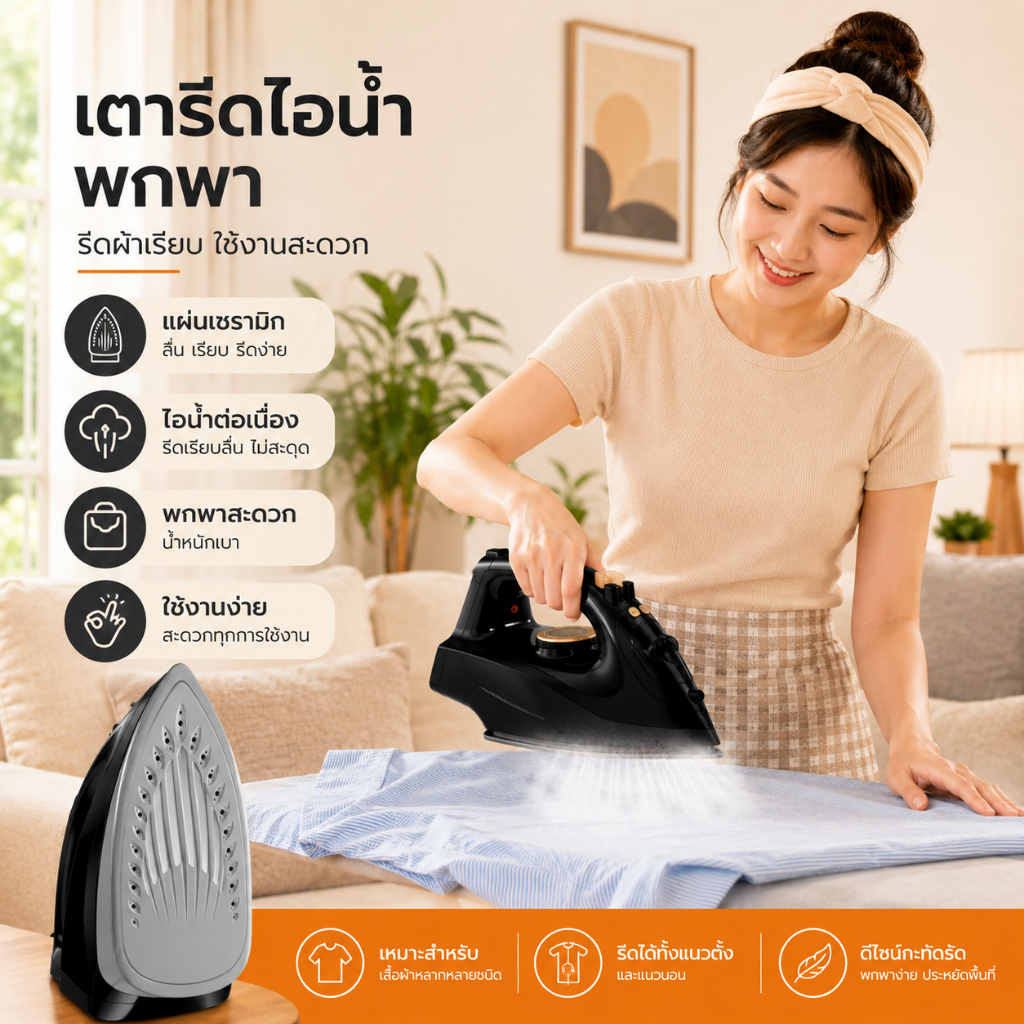 เตารีดไอน้ำแบบพกพา รีดผ้าเรียบเร็ว แผ่นเซรามิก ใช้งานง่าย