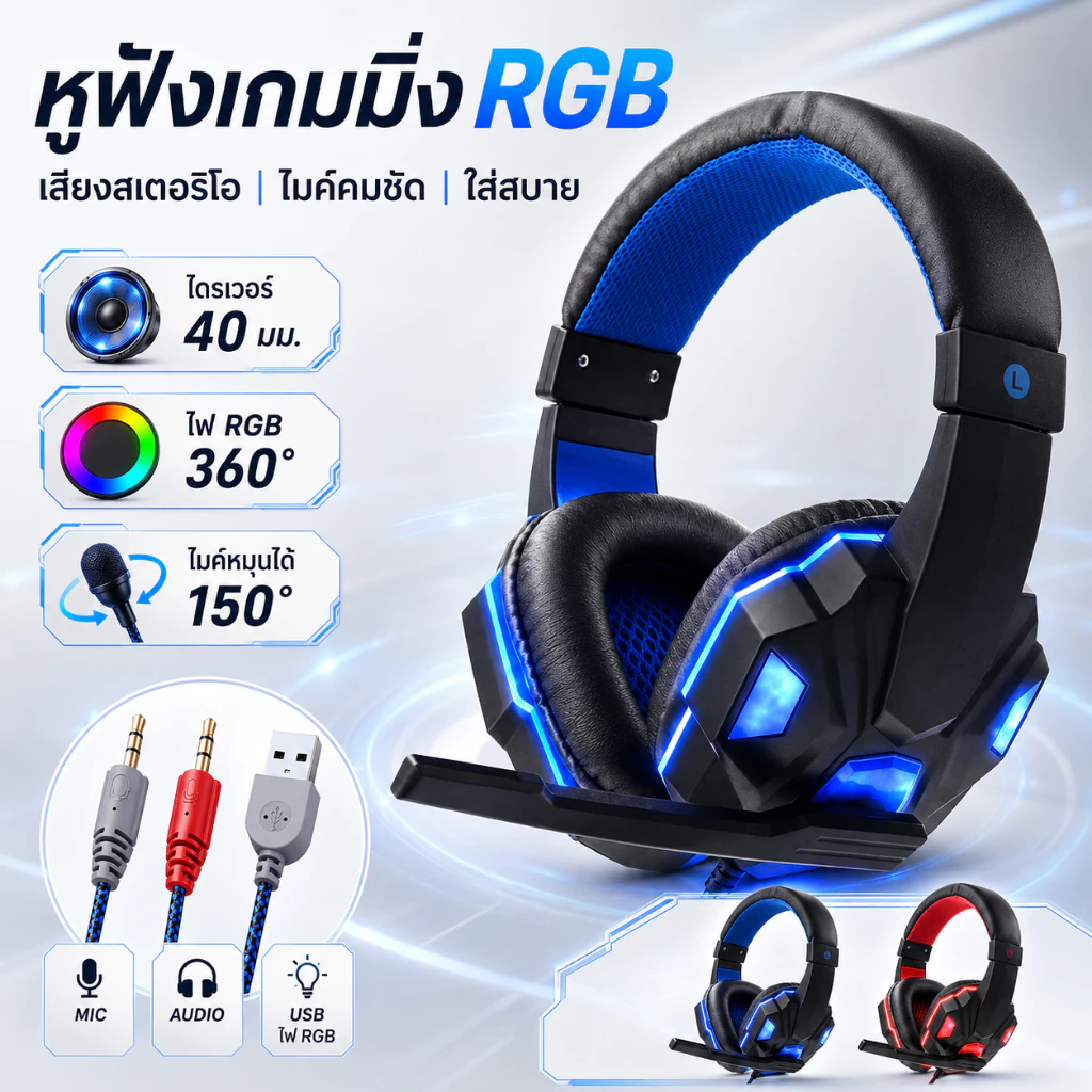 หูฟังครอบหู หูฟังเกมมิ่ง หูงฟังเกมมิ่ง หูฟังสำหรับเล่นเกม พร้อมไมโครโฟนแบบเบาหูฟังสเตอริโอเบสลึกสำหรับพีซีคอมพิวเต